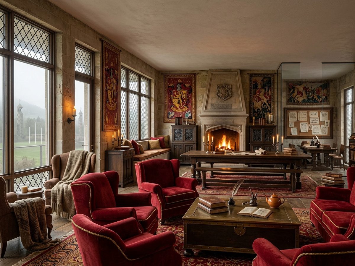 A room before and after a Gryffindor Common Room AI redesign (After)