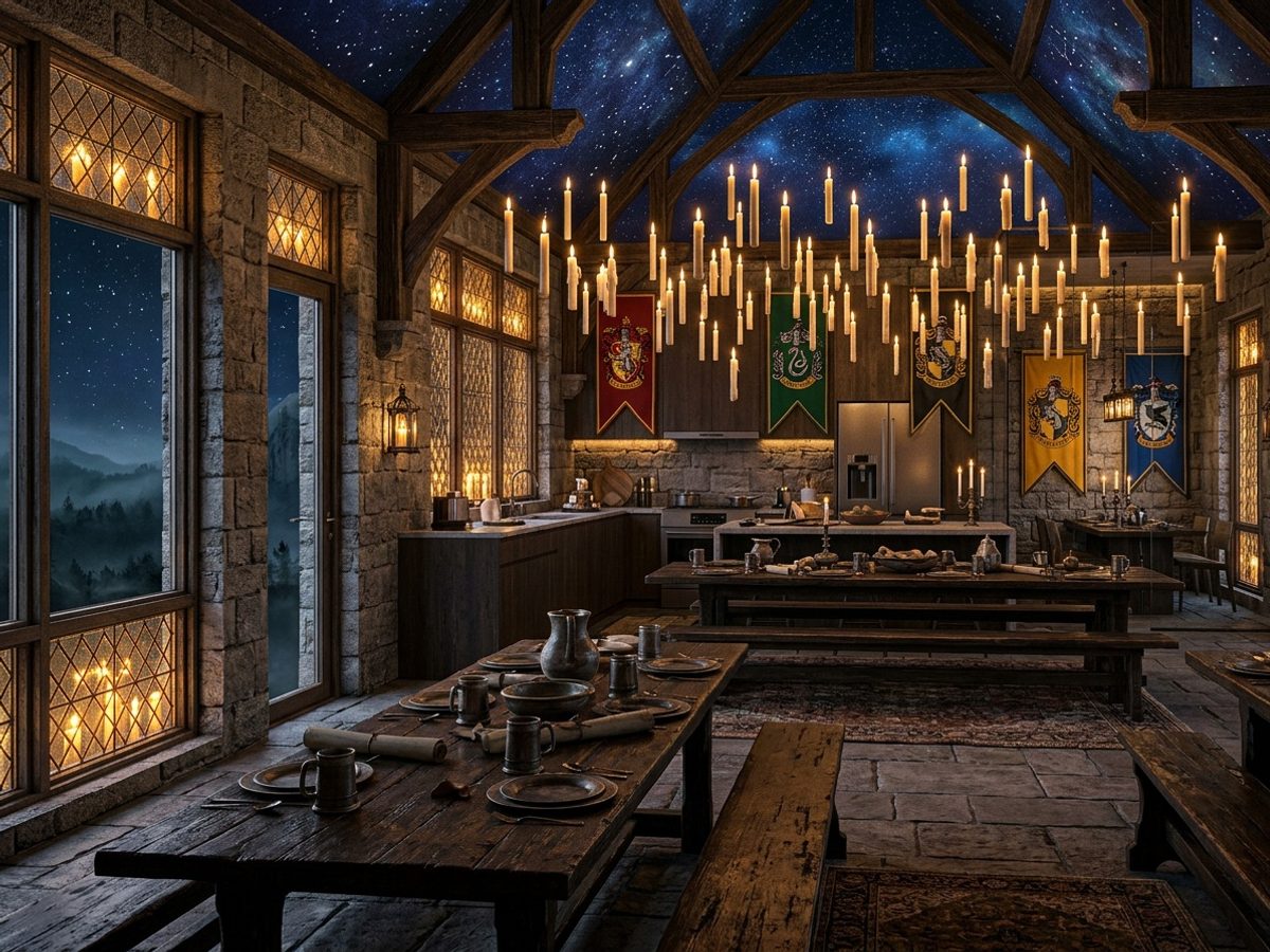 A room before and after a Hogwarts Great Hall AI redesign (After)