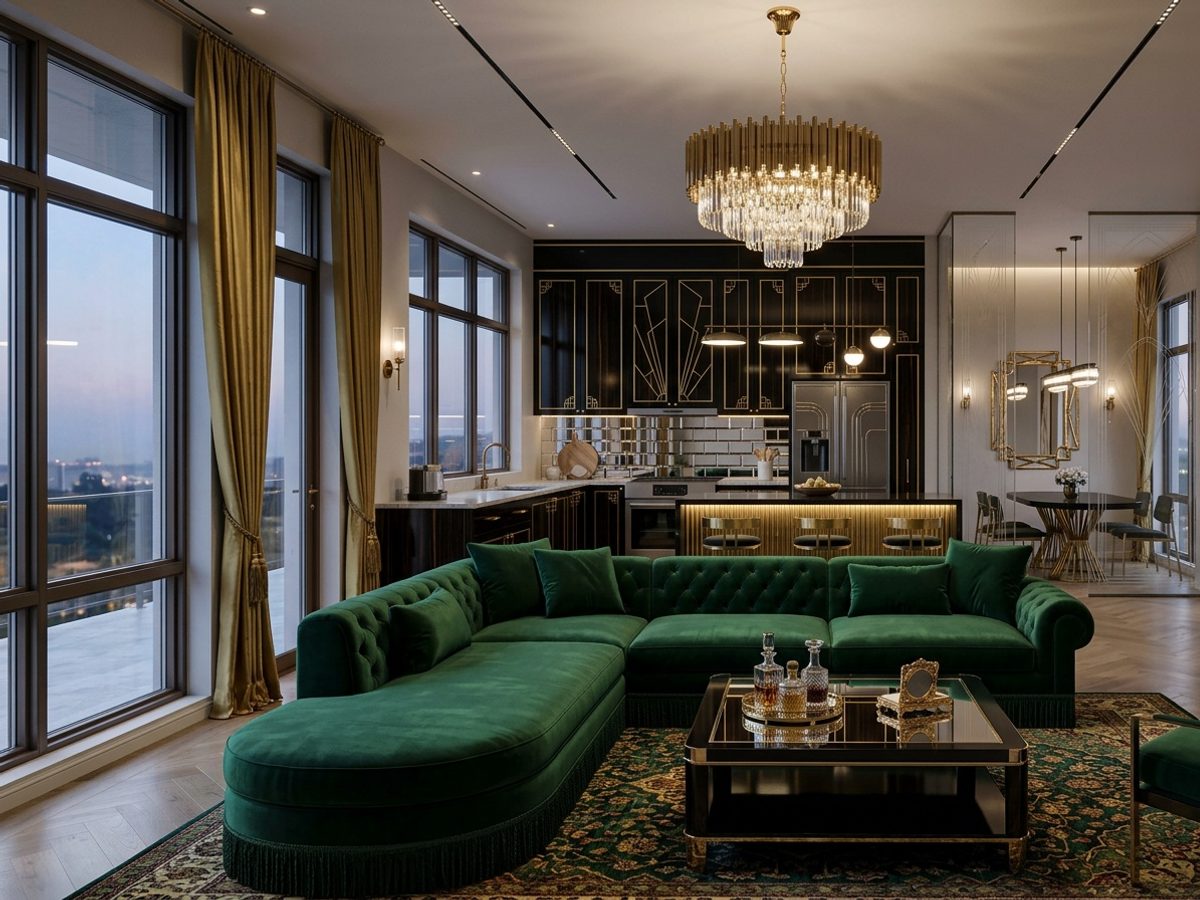 A room before and after a Hollywood Glamour AI redesign (After)