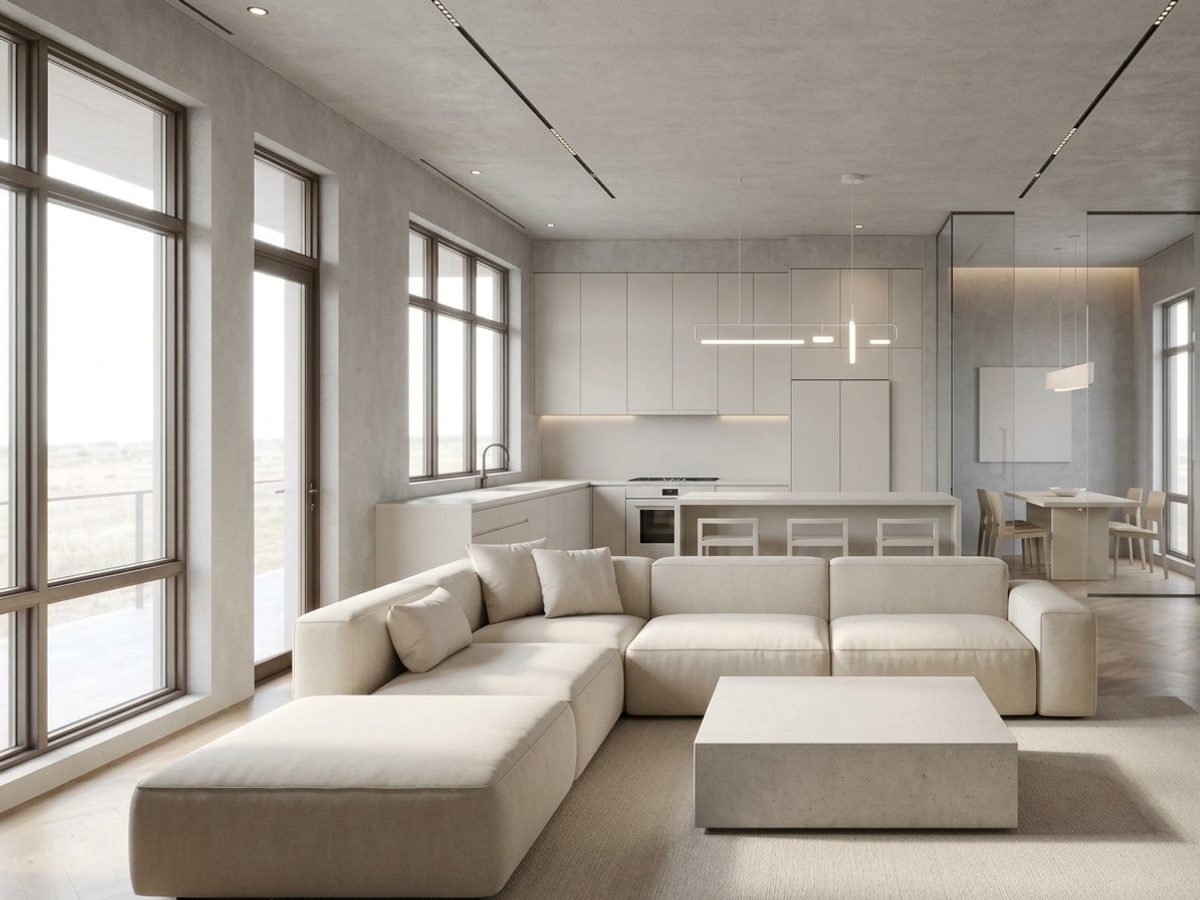 A room before and after a Minimalist AI redesign (After)